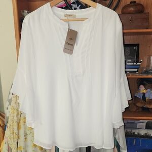 Timara Elegant White Blouse Boho Tunic Peasant V Neck Top Sheer Lined Elegant